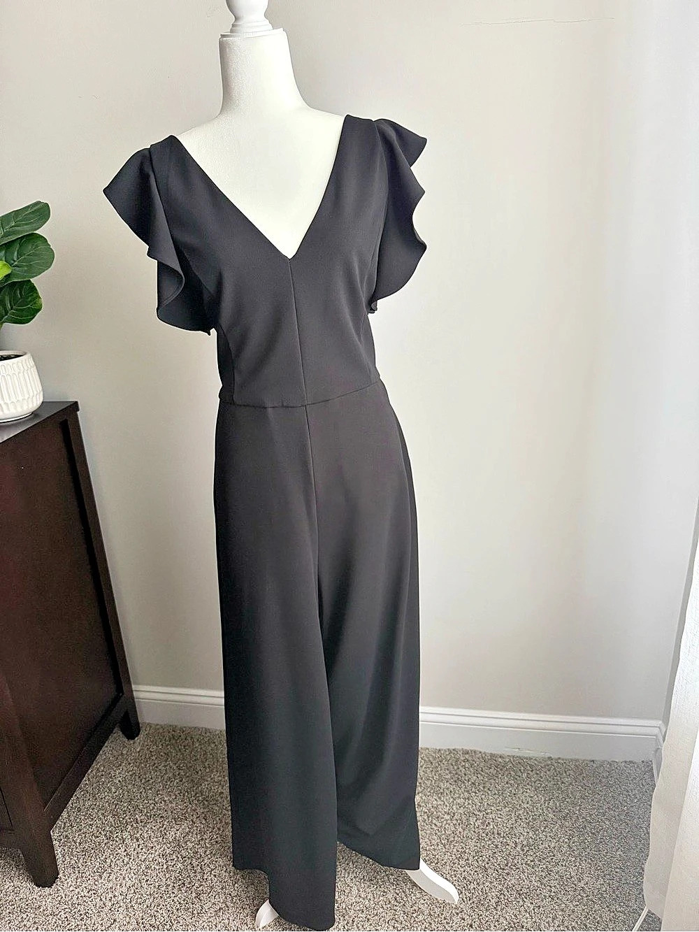 Rachel Roy Kate Ruffle Sleeve V-Neck Jumpsuit in black, Size XXL